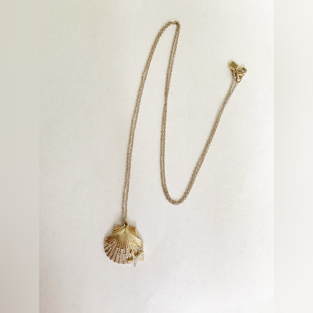 Banana Republic Gold, Gem, and Pearl Shell Minimalist Long Statement Necklace